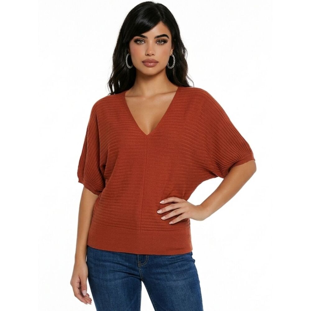 Tahari Burnt Orange V-neck Ribbed Knit Dolman Sleeve Sweater Size SP